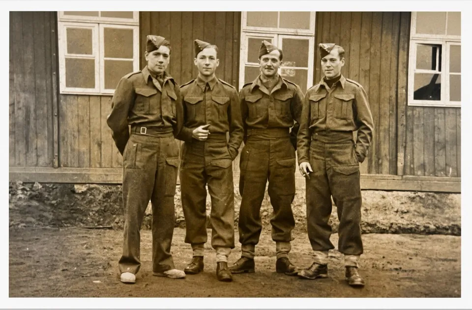 Sepia photograph of four young soldiers in battledress and side caps standing in a row on bare ground in front of a wooden hut with paned windows.