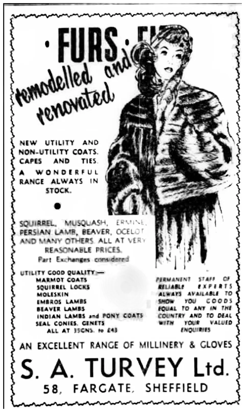 Newspaper advertisement headed 'Furs remodelled and renovated', with a drawing of a woman in a fur jacket, lists of furs and coats, and the name S. A. Turvey Ltd, 58 Fargate, Sheffield. A faint circular mark sits in the lower middle.