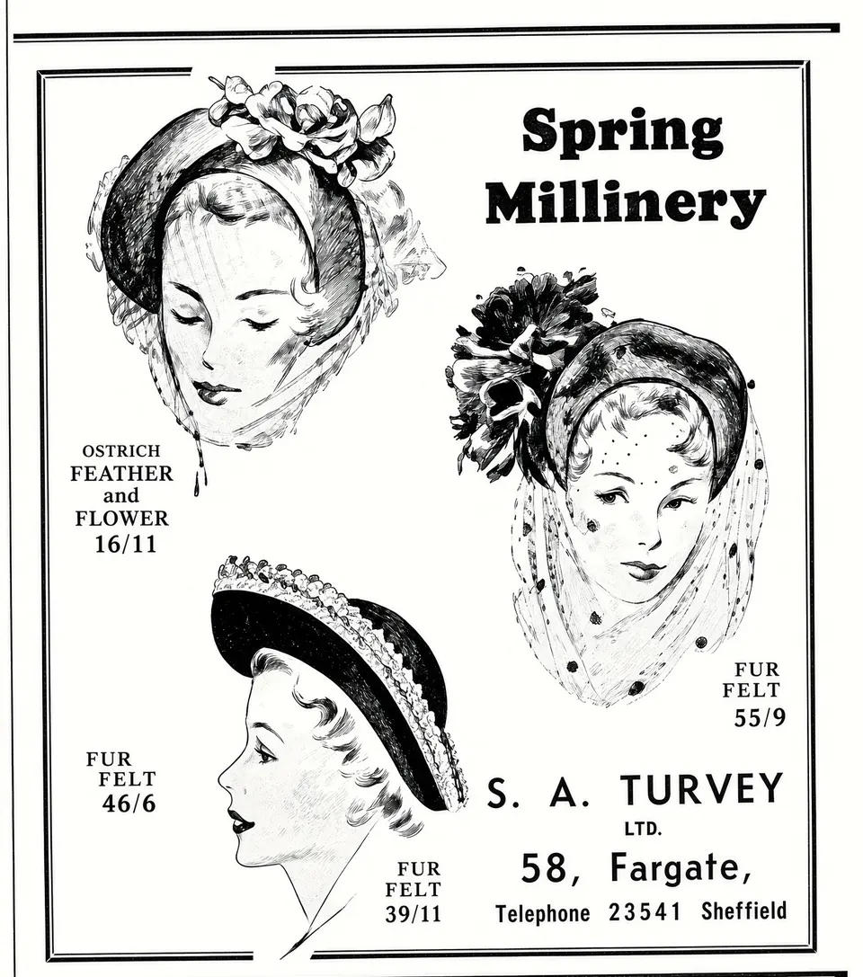 Newspaper advertisement headed 'Spring Millinery', with drawings of three women in hats, each with a price, and the name S. A. Turvey Ltd, 58 Fargate, Telephone 23541, Sheffield.