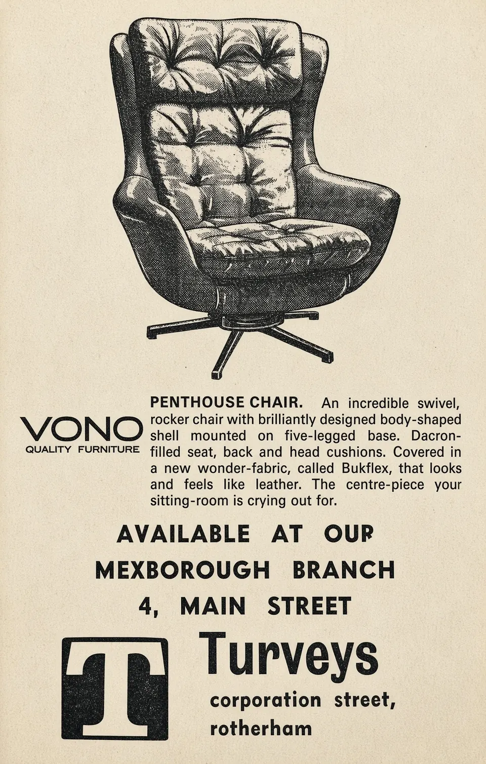 Newspaper advertisement with a drawing of a buttoned swivel armchair on a five-legged base, the Vono Penthouse chair, and a large T monogram beside the name Turveys, Corporation Street, Rotherham.