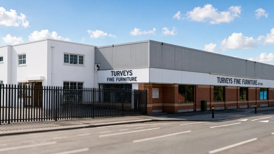 The Turveys Fine Furniture showroom on Sheffield Road, Rotherham: a white two-storey building joined to a long brick and grey-clad showroom with the name along the front.